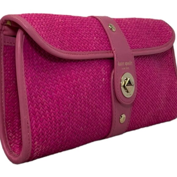 KATE SPADE NEW YORK BRIGHT PINK WOVEN STRAW LEATHER CLUTCH BAG - Picture 2 of 11